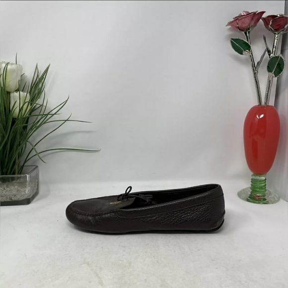 Prada Designer Italy Brown Leather Bow Slip Loafer Driving Flat Women US 7 EU 38 - Picture 6 of 9